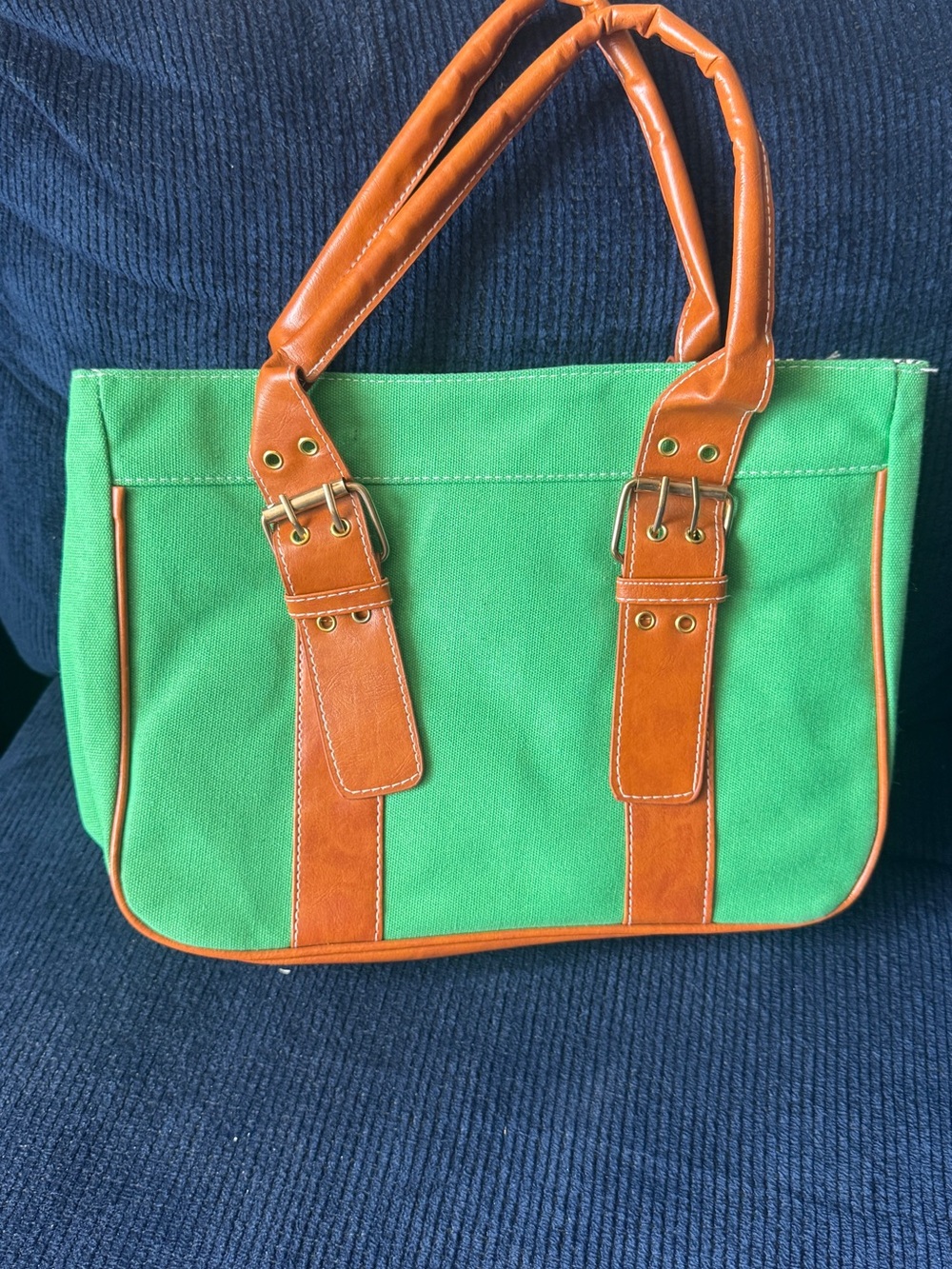 Green Canvas Tote with Tan Trim - Stylish Everyday Handbag